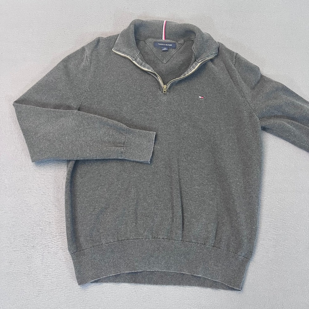 Tommy Hilfiger Men's Large 1/4 Zip Sweater Gray 100% Cotton Mock Neck Pullover